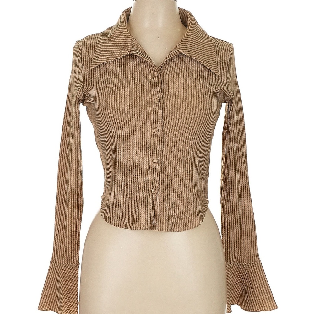 Tan Ribbed Long Sleeve Women's Top
